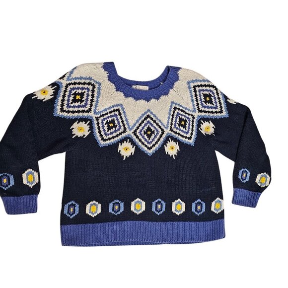 Cambridge Dry Goods Handknit Sweater Blue Geometric Cotton Ramie Womens Sz L 90s - Picture 1 of 6